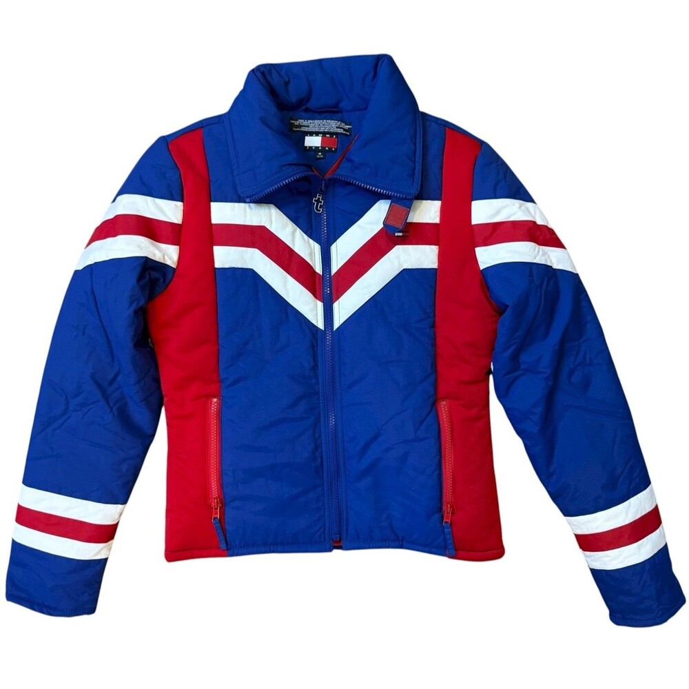 Vtg Tommy Hilfiger Color Block Puffer Coat Jacket Womens M Zip Up 90s Y2K USA